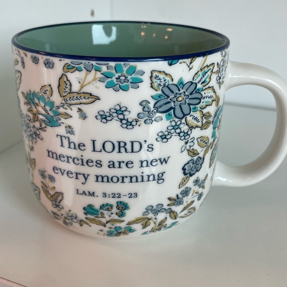 Floral Scripture Ceramic Coffee Mug - Blue/Teal - NWT